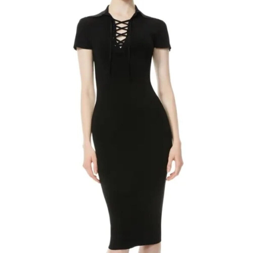 Alice + Olivia Janna Lace‑Up Polo Shirt Dress – Black (Size Small)